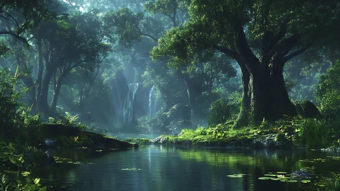 Enchanted Forest Waterfall: Luminous Canopy with Cascading Water