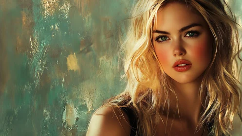 Blonde woman portrait against textured teal painted wall.