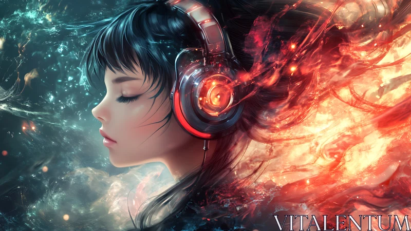 Digital portrait of girl in headphones with fire and water.