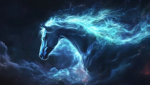 Starlit storm stallion gallops from nebula-wreathed night sky