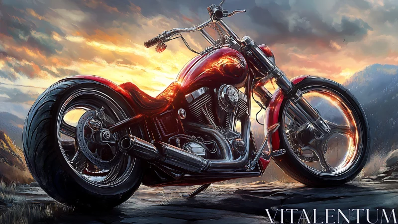 Custom red motorcycle burns against a stormlit mountain sunset