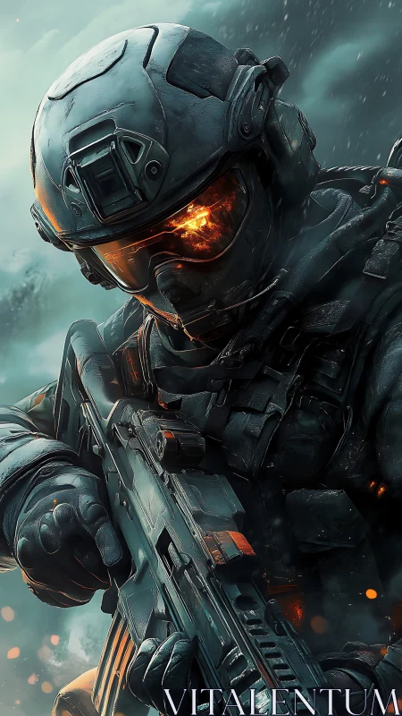 Armored cyber-soldier advances through storm with visor ablaze