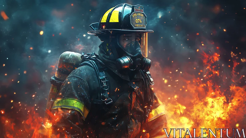 Firefighter Standing in Intense Flames and Smoke Battle