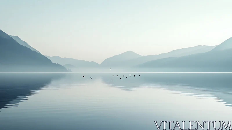 Gentle misty lake with distant mountains and quiet birds.
