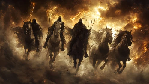 Riders of the stormfire sky gallop through blazing clouds.