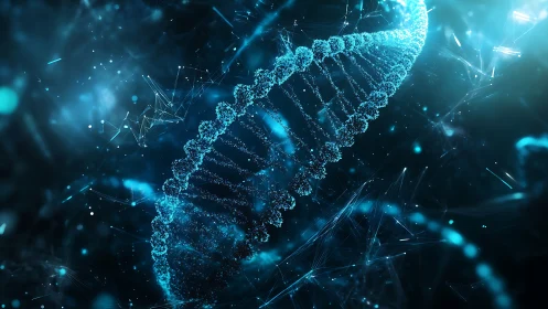 Glowing DNA helix rendered as high-density molecular data stream