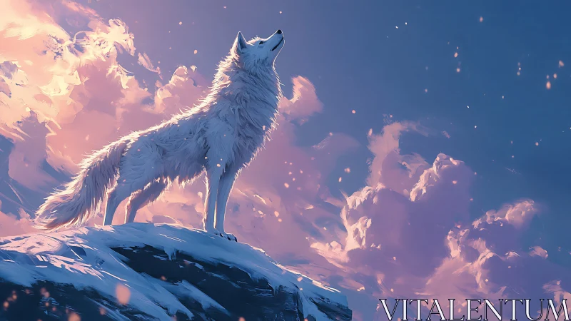 Digital painting of a lone white wolf on luminous snowy summit.