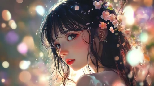 Blossom‑crowned gaze amid pastel bokeh twilight dreamscape.
