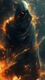 Mysterious fire-cloaked wanderer wrapped in swirling embers.