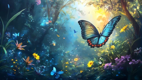 Luminous blue butterfly drifting through enchanted forest.