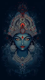 Regal blue goddess gazes calmly through ornate sacred patterns