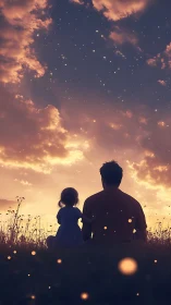 Stargazing whispers between father and child at dusk.
