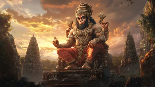 Digital painting of monumental Hanuman statue in temple valley.