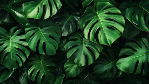 Photorealistic overlapping monstera deliciosa foliage detail