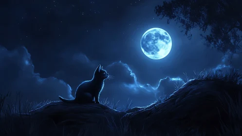Silhouetted cat sits on hill beneath full moon at night