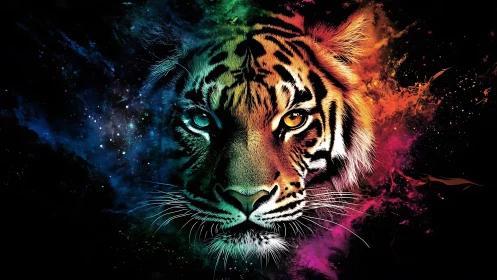 Tiger portrait with multicolor nebula-like abstract background.