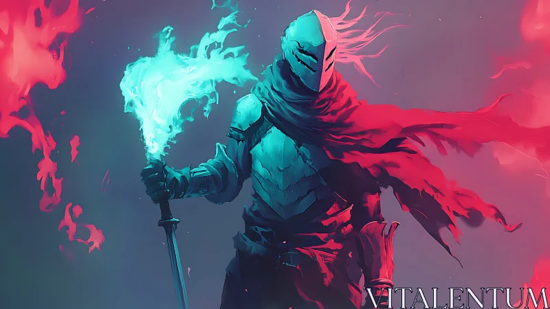Flame-cloaked knight wielding blue spectral torch in dusk.