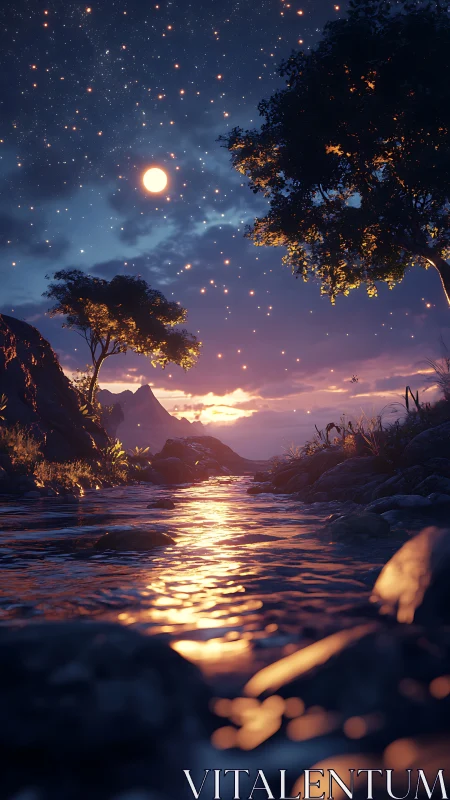 Moonlit river glows beneath a sky of falling embers.