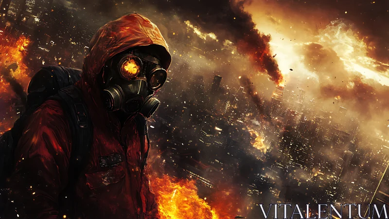 Gas-masked wanderer surveys incendiary post-apocalyptic cityscape