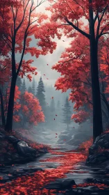 Crimson Forest Passage: Digital Landscape with Autumn Foliage.