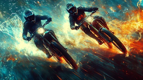 Motorcycle racers cutting through explosive fire and water.
