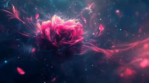 Cosmic neon rose blooming through swirling stardust glow.