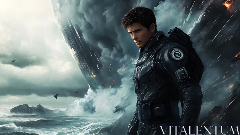 Futuristic soldier observing a collapsing spacecraft storm.