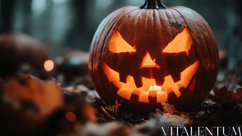 Grinning jack o lantern glows through damp autumn dusk.