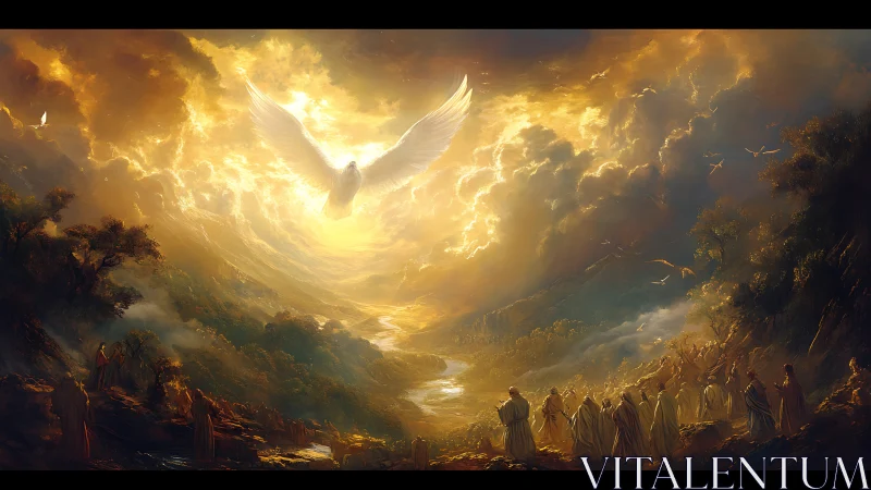 Radiant dove ascends above robed figures in glowing valley.