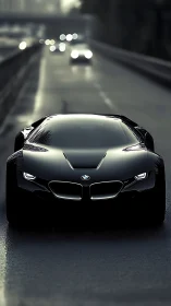 Sleek black BMW concept car glides confidently along wet road