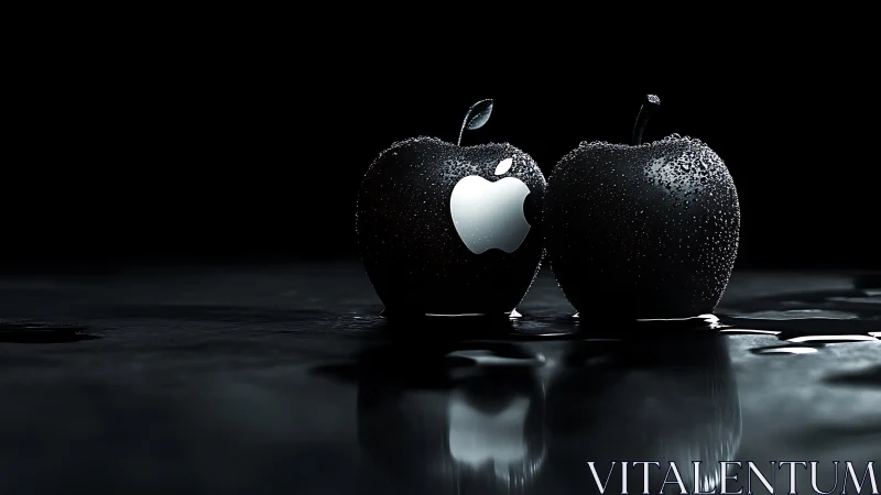Black apples with metallic logo in dark glossy setting.