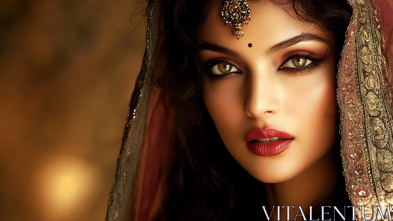 Close-up digital portrait of woman in ornate traditional veil