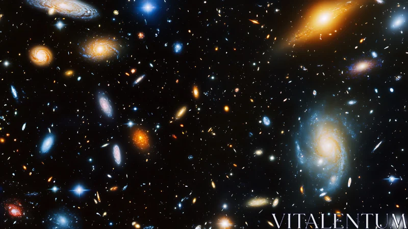 Deep field view of distant galaxies in black cosmic space.