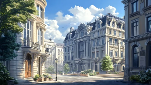 Sunlit neoclassical boulevard with ornate facades and trees.