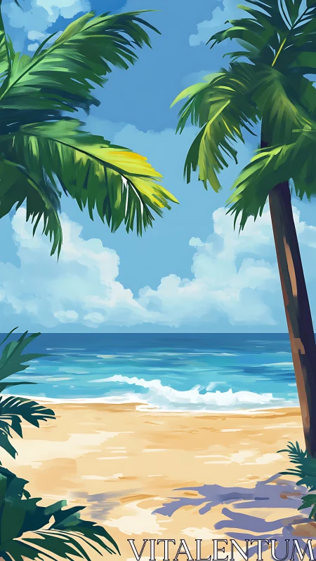 Tropical beach vista rendered with digital illustration: palm fronds, azure ocean, volumetric clouds
