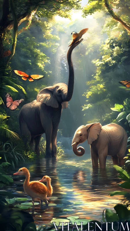 Sunlit jungle stream with elephants and birds at peace.
