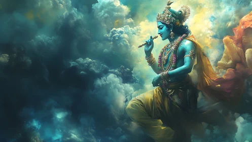 Divine blue deity plays flute within swirling celestial clouds