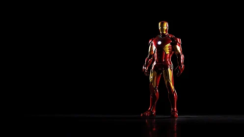 Armored superhero stands in dramatic spotlighted darkness.