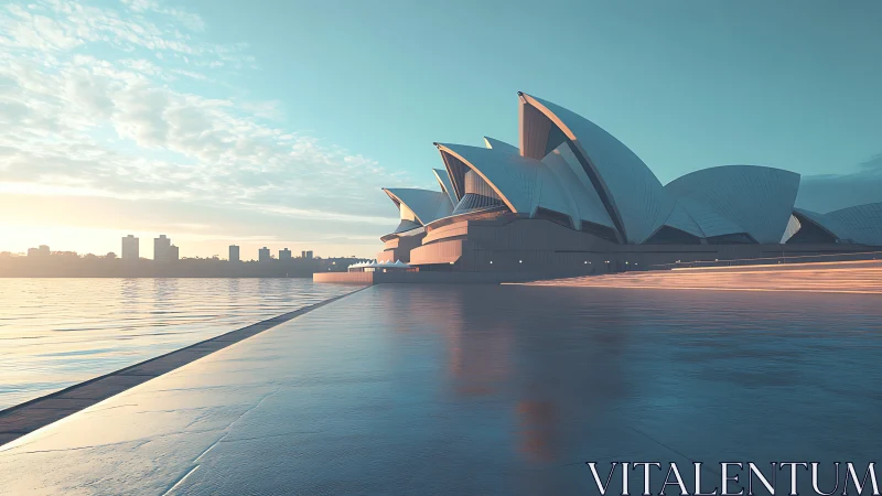 Low-angle sunrise perspective of waterfront shell-formed landmark