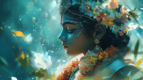 Profile portrait shows floral adorned figure with painted face