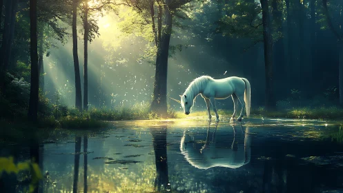 Unicorn illuminated by volumetric forest light over still water.