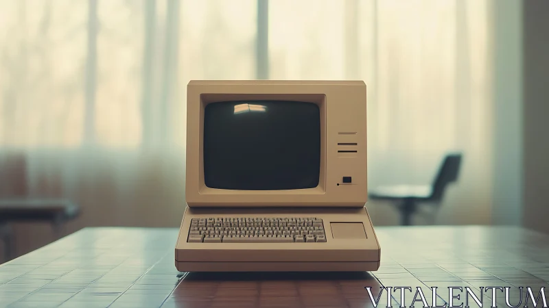 Vintage beige desktop computer rests on polished office table