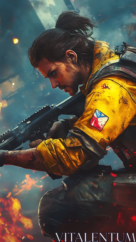 Digital painting portrait of tactical soldier in urban inferno.