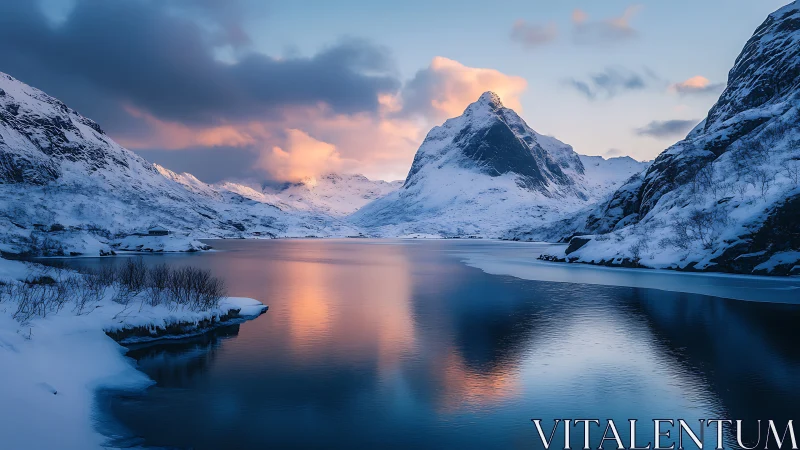 Snowbound fjord at dusk with glowing alpine peak reflections.