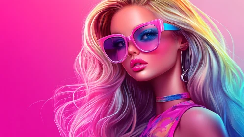 Neon-haired fashion icon poses in vibrant pink glow.