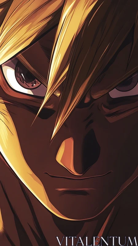 Intense anime close-up uses dramatic rim lighting and hard shadows