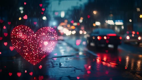 Glowing Heart Rain Urban Night. Romantic rain-soaked cityscape.