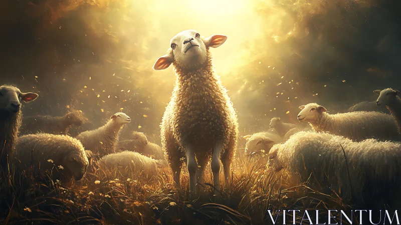 Radiant lamb stands in golden light among grazing flock.
