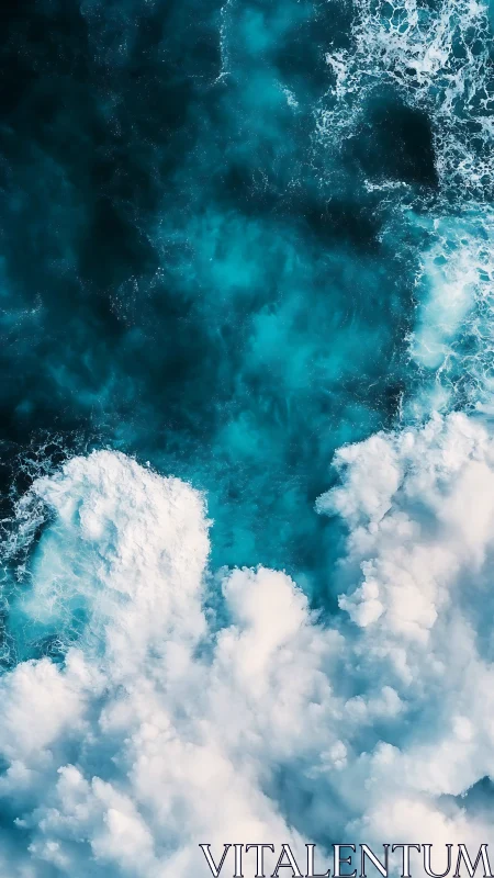Aerial ocean foam churns over deep turquoise water surface.