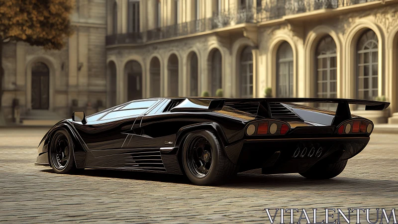 Midnight black supercar gleams against elegant city architecture